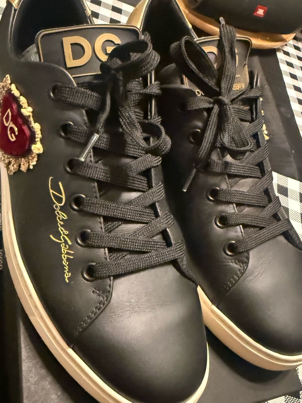 Dolce & Gabbana Black Leather Sneakers with Gold Accents and Red Crest